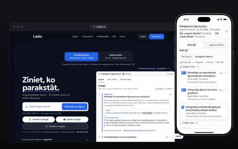 Lexio sākumlapa datorā un līguma pārbaude Lexio lietotnē iPhone