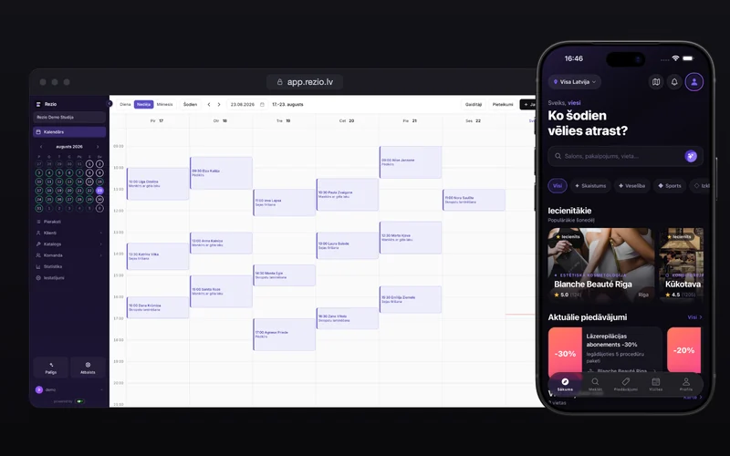 Rezio kalendārs datorā un Rezio lietotne iPhone
